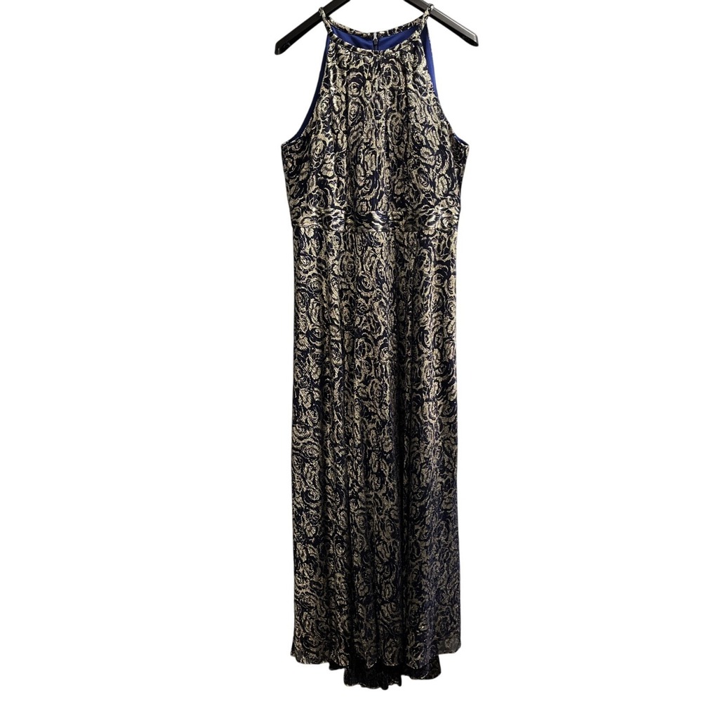 Betsy & Adam Dress Womens 18W Blue Metallic Mesh Overlay Halter Gown Event Gala
